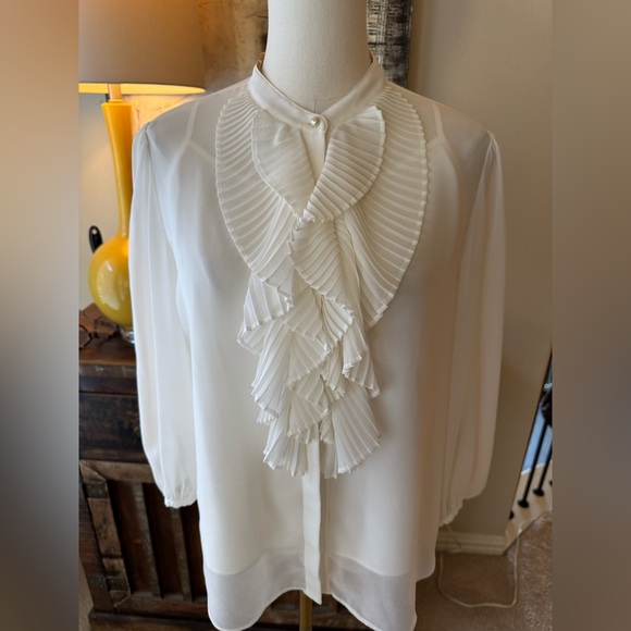 White House Black Market White Sheer Pleated Ruffled blouse -M - Picture 2 of 8